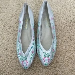 SOLD Vintage Embroidered Flower Silver Flats